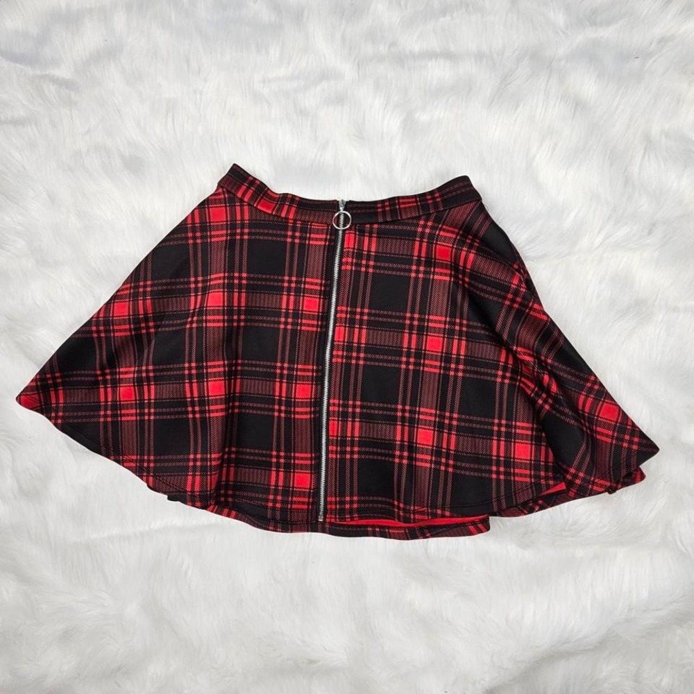 Hot Topic Plaid Skater Skirt Women SM Red Excellent Front Zip O-Ring Mini Pocket